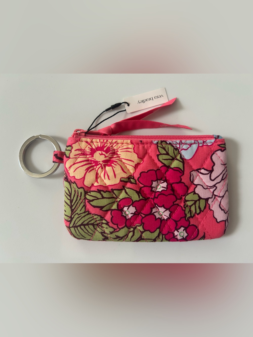 Vera Bradley Vibrant Gardenias Quilted Cotton Zip ID Case Wallet Pink